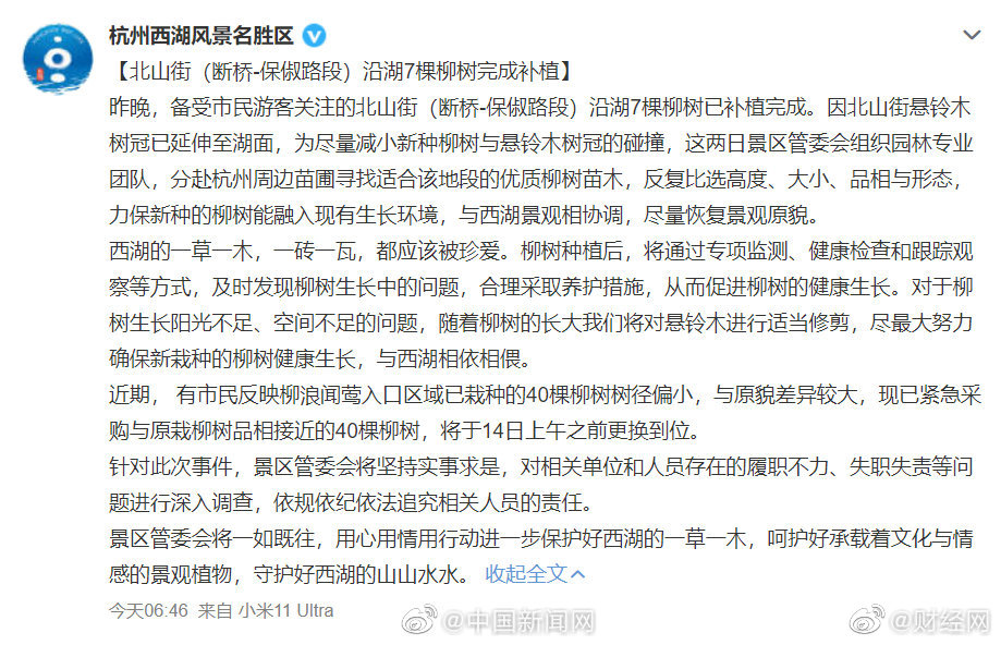 西湖断桥边7棵柳树回归，西湖景区：将依法追究相关人员责任休闲区蓝鸢梦想 - Www.slyday.coM
