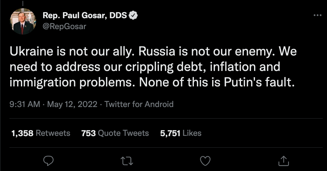 ”债务、通胀、移民，这些问题都不是普京的错。“戈萨12日在推特上写道。