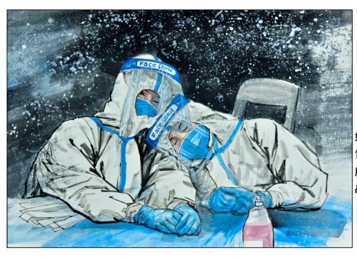 图为朱锦明创作的医护人员为主题的绘画作品. 朱锦明 摄