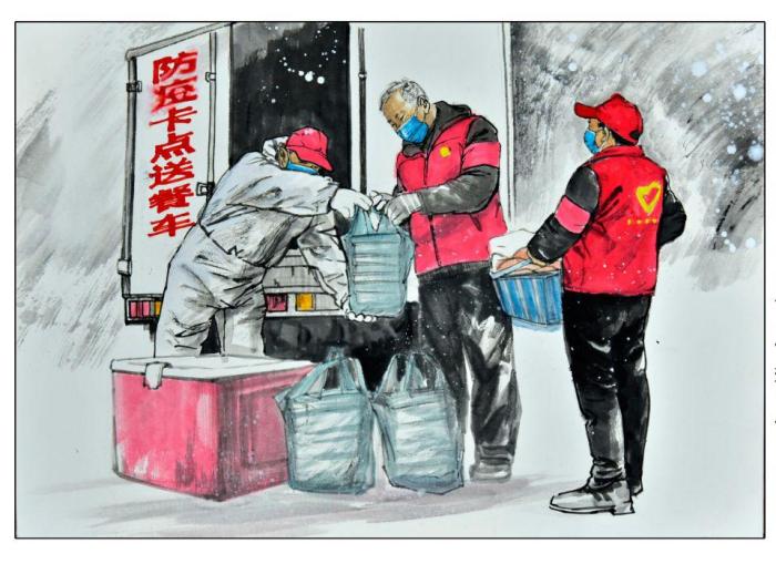 图为朱锦明创作的志愿者为主题的绘画作品. 朱锦明 摄