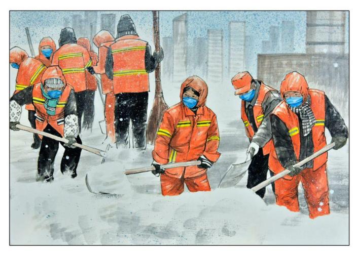 图为朱锦明创作的环卫工为主题的绘画作品. 朱锦明 摄