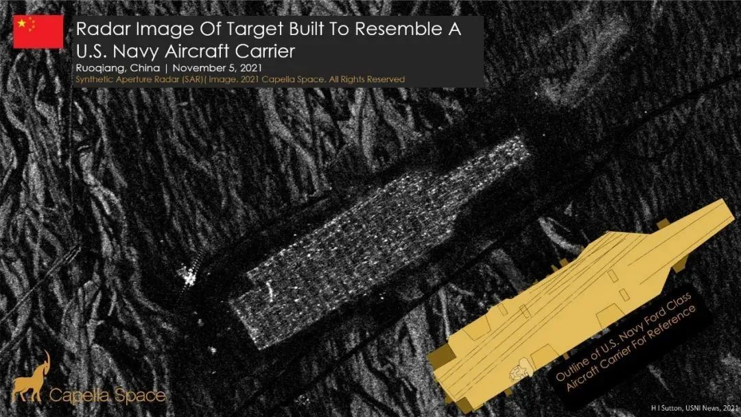 另一处靶标在雷达成像照片上仍能清晰地显示典型的航母轮廓