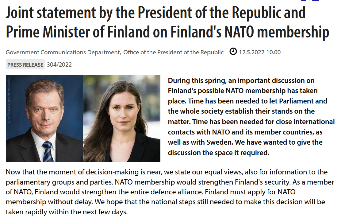 芬兰总统和总理发布联合声明，支持芬兰申请加入北约