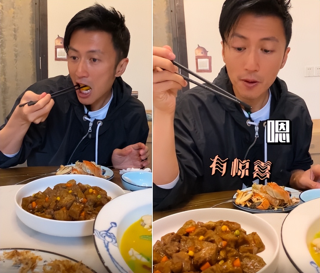 谢霆锋吃菜太豪迈徒手吃螃蟹桌上摆满残渣面太长站着吃超有趣