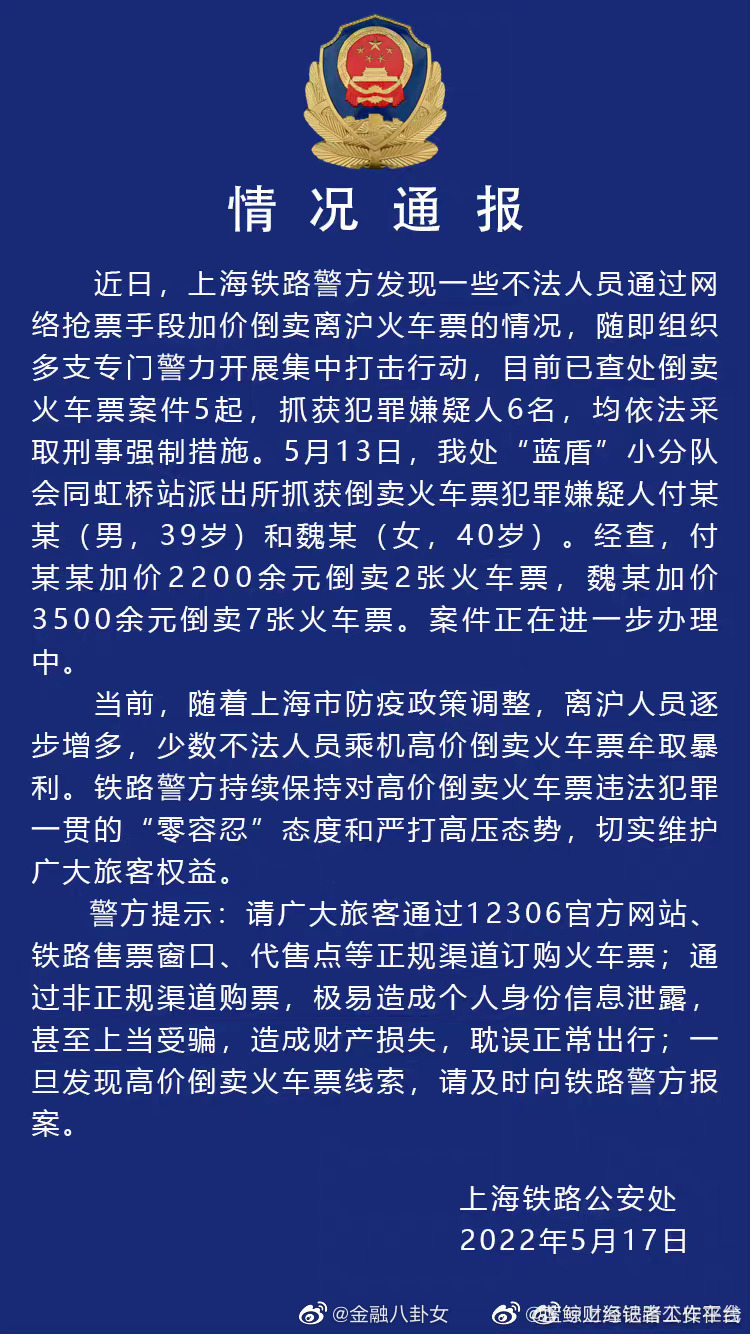 上海铁路警方查处加价倒卖离沪火车票案件5起，抓获犯罪嫌疑人6名休闲区蓝鸢梦想 - Www.slyday.coM