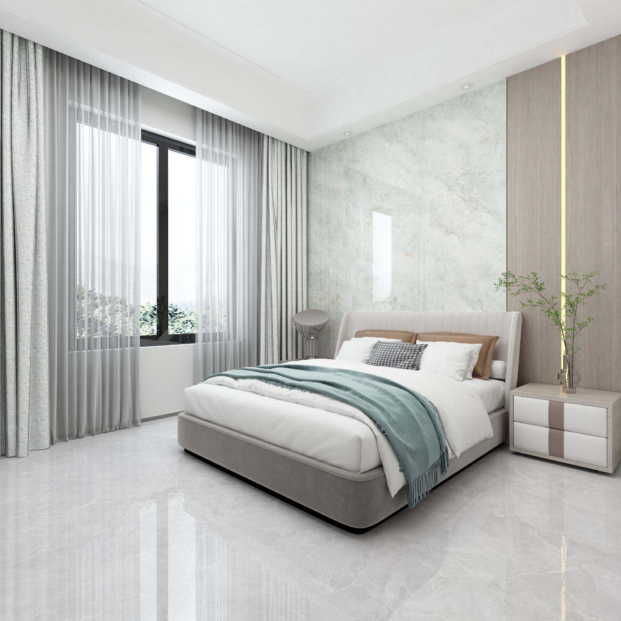 卧室以浅灰色为基调,铺地灰色的瓷砖,搭配床头浅翠的一片到顶背景墙