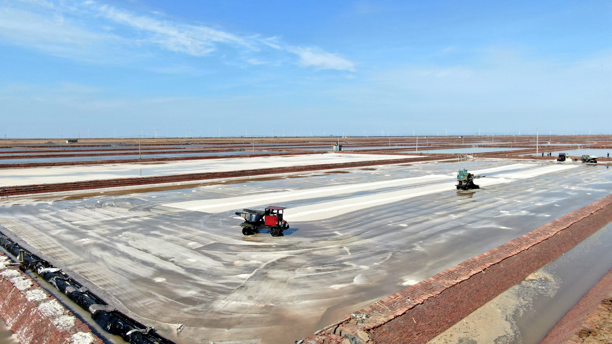 5月14日,工人在山东滨州市沾化区滨海镇金盛海洋盐场收获春盐(无人机