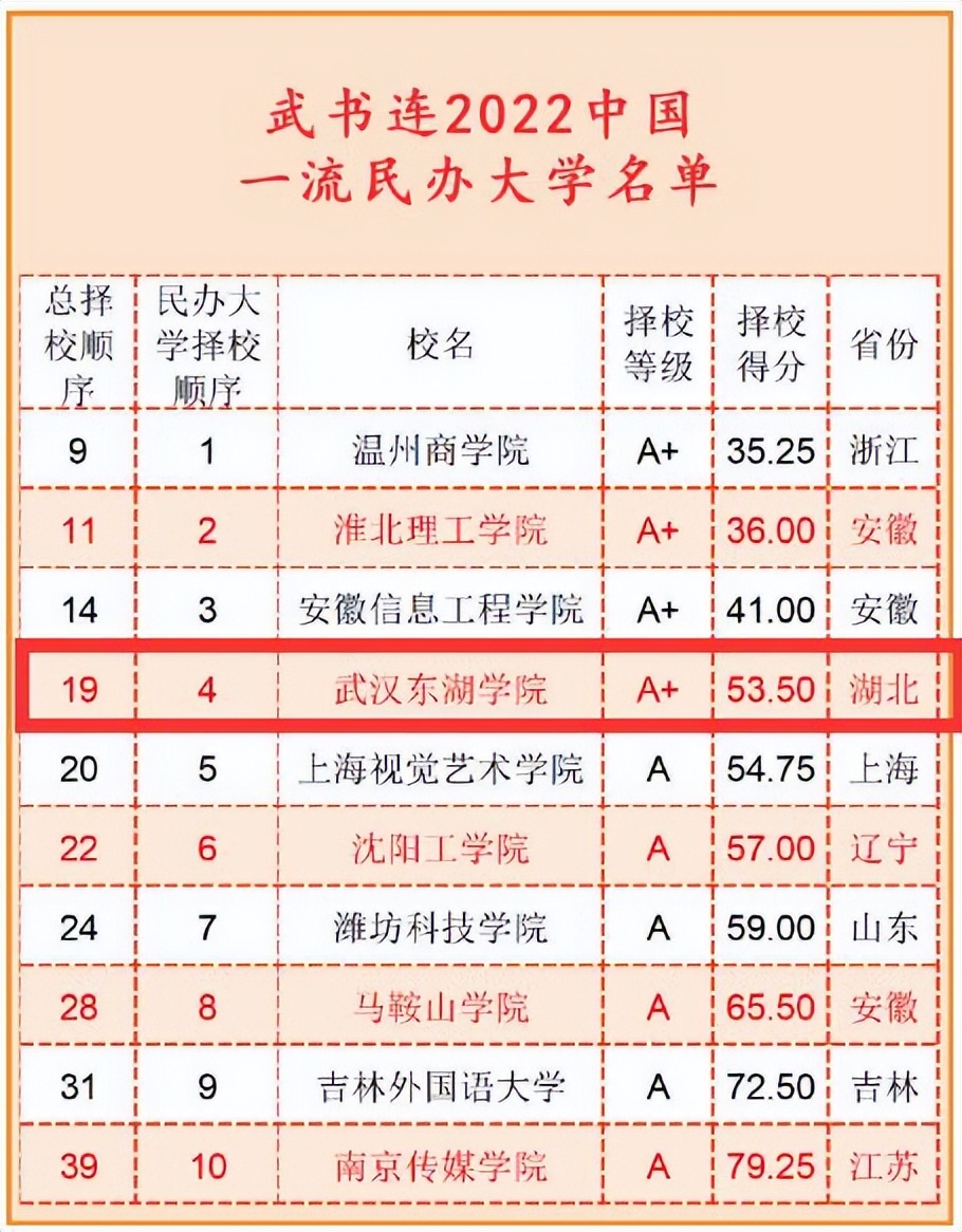 聚焦这项大学排名武汉东湖学院排名湖北同类高校第1