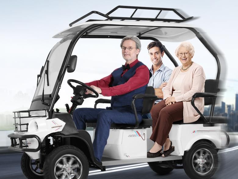 2款四轮老年代步车来了自带雨棚可坐24人最大续航160公里