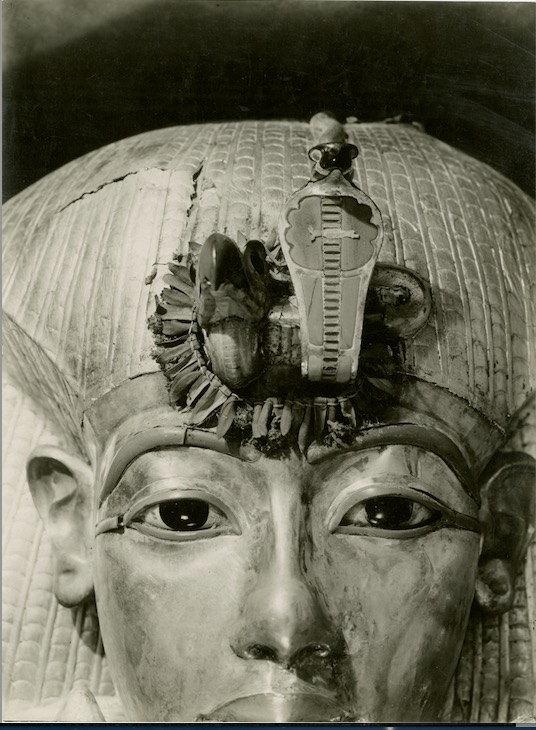 矢车菊和橄榄叶的小花环，戴在图坦卡蒙外棺前额上的眼镜蛇和秃鹫的皇家徽章上。&nbsp;© 牛津大学格里菲斯研究所