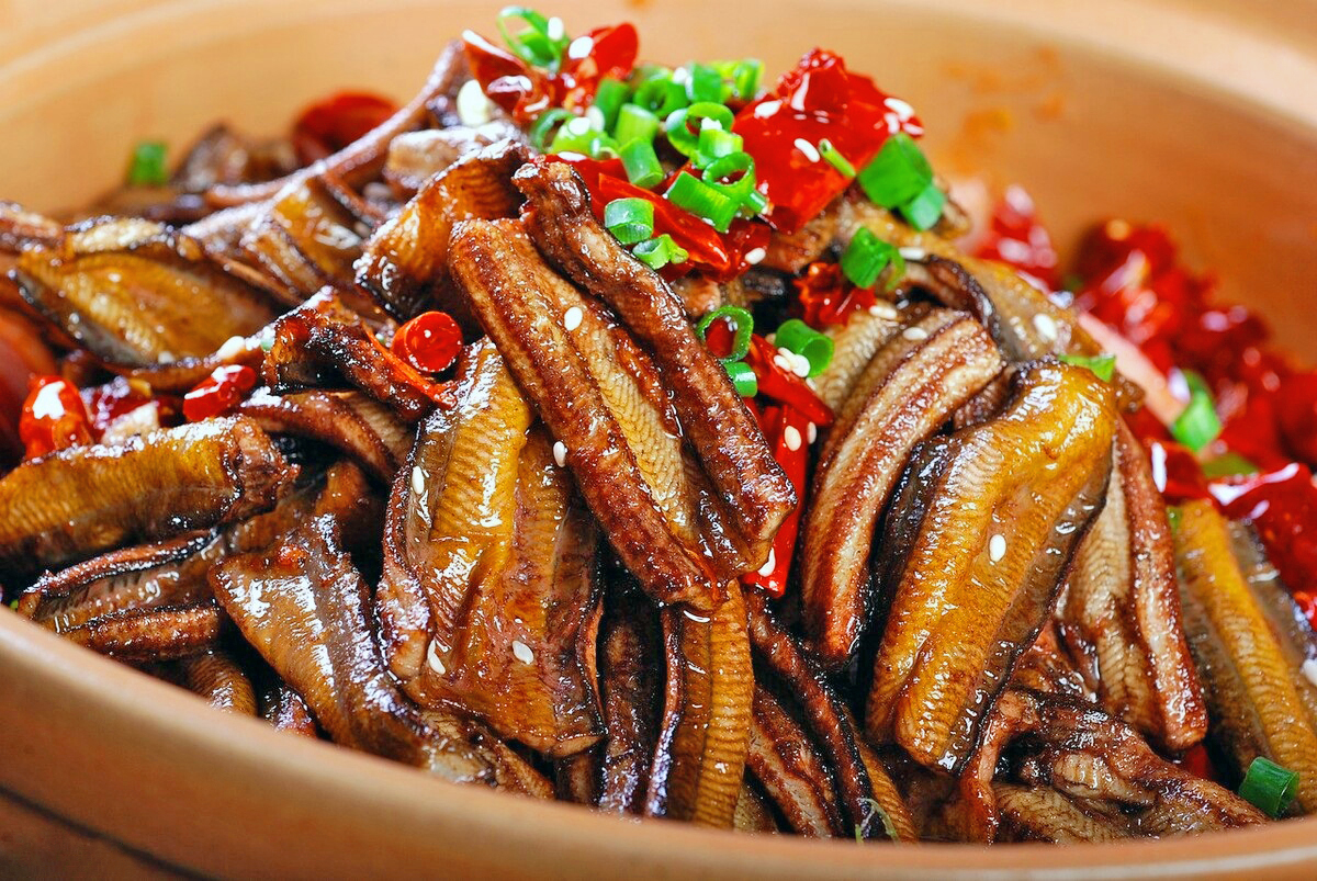 推荐食谱【红烧黄鳝】食材:黄鳝5条 大蒜2头 姜6片 青辣椒1个 红辣椒1