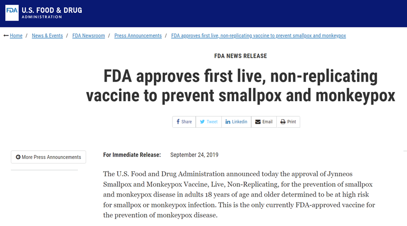 FDA官网公布其批准JYNNEOS疫苗消息截图。