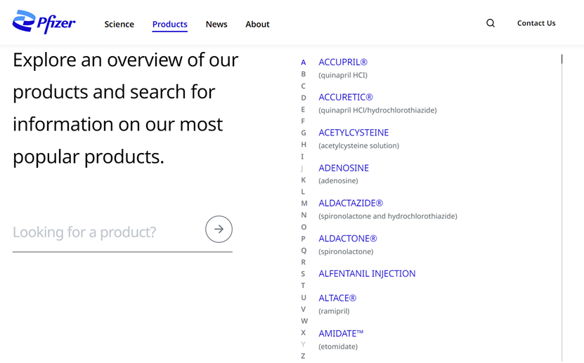 辉瑞官网产品目录页面截图。