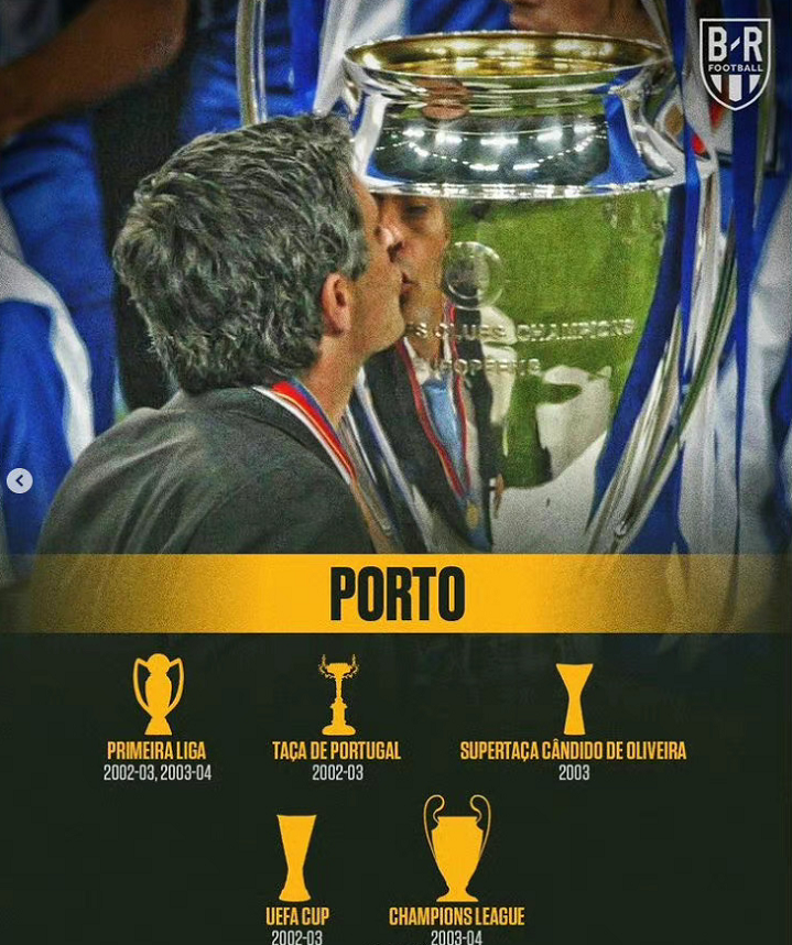 波尔图期间,穆里尼奥带队拿到了2个葡超冠军,1个葡萄牙超级杯冠军,1个