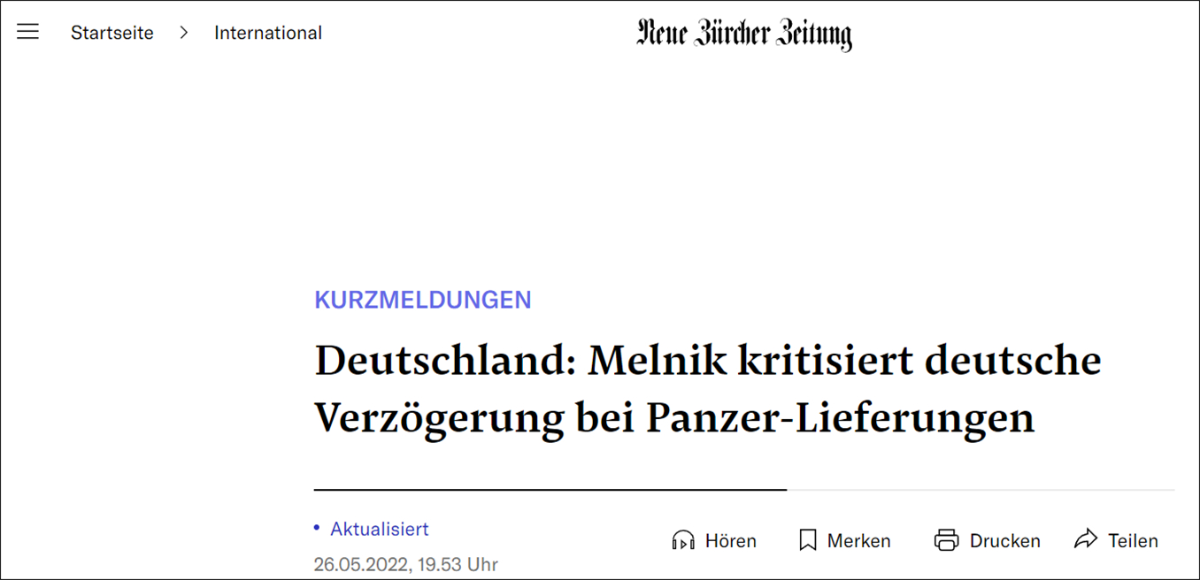 瑞士《新苏黎世报》：梅利尼克批评德国延迟供应装甲车