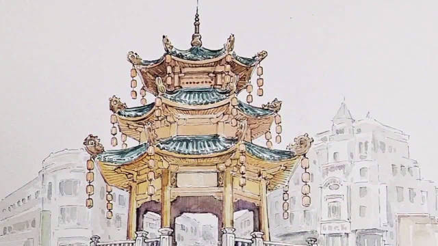 网友"p林手绘"用钢笔淡彩着色描绘出汕头小公园亭