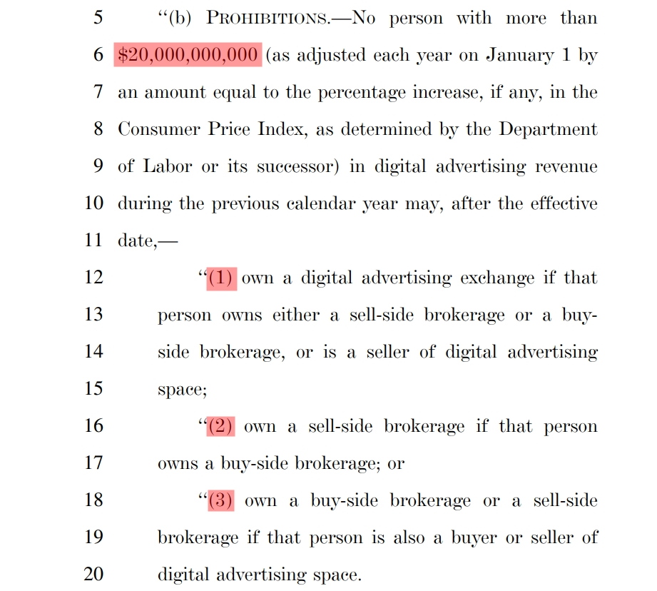 图：数字广告竞争与透明度法提案(第5页)有关大于200亿美元数字广告交易营业额的企业参与多个数字广告环节的限制