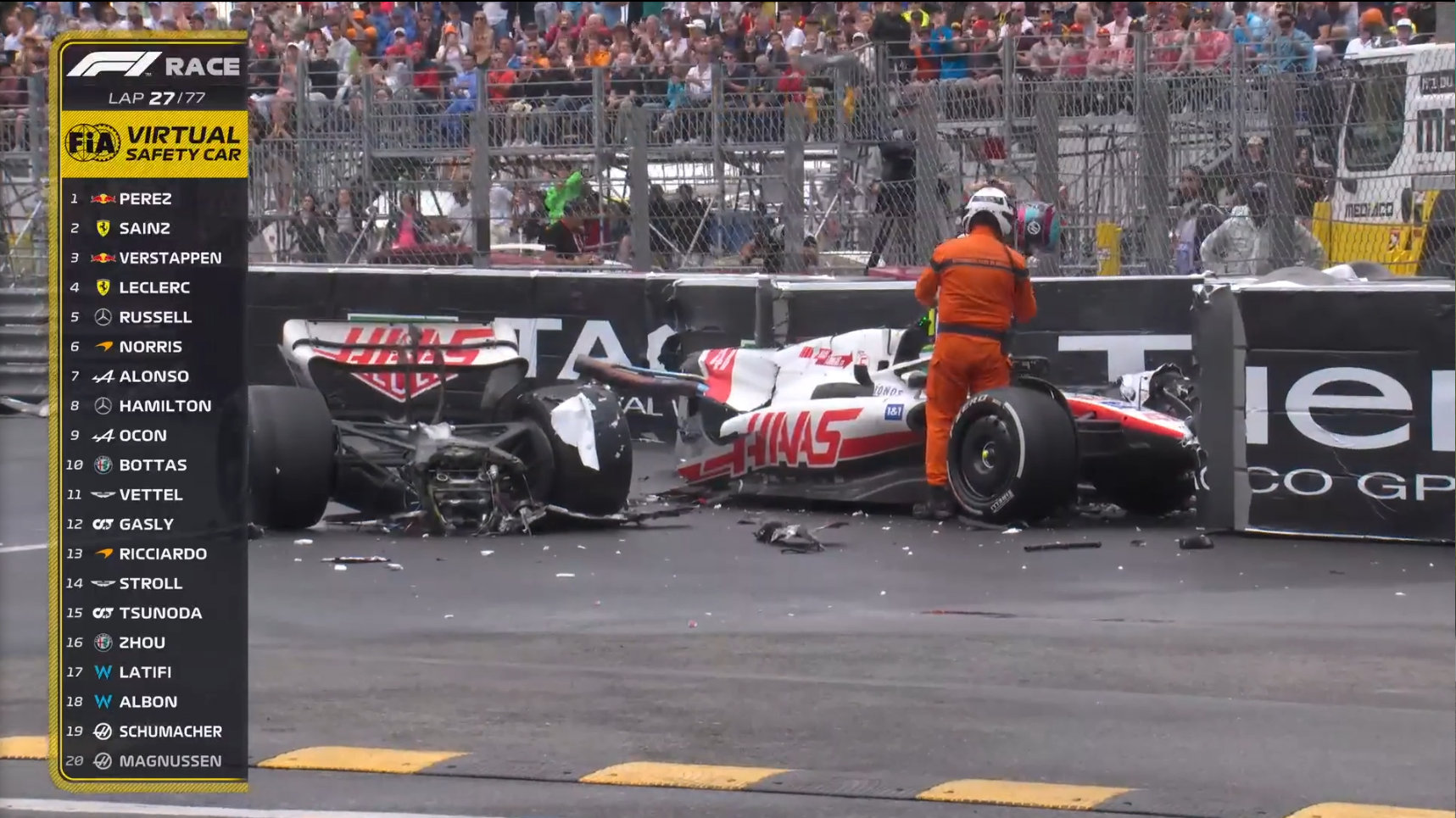 米克·舒马赫出14号弯失控旋转,在15号弯撞上护墙