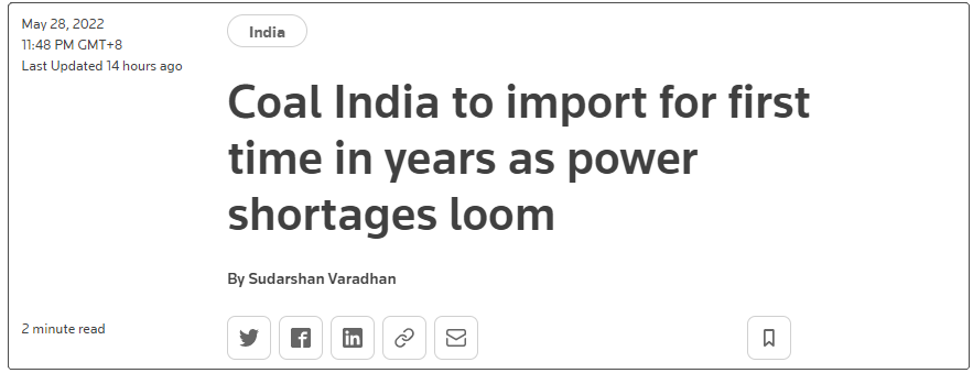 电力短缺迫在眉睫，印度煤炭公司7年来首次进口煤炭。来源：路透社