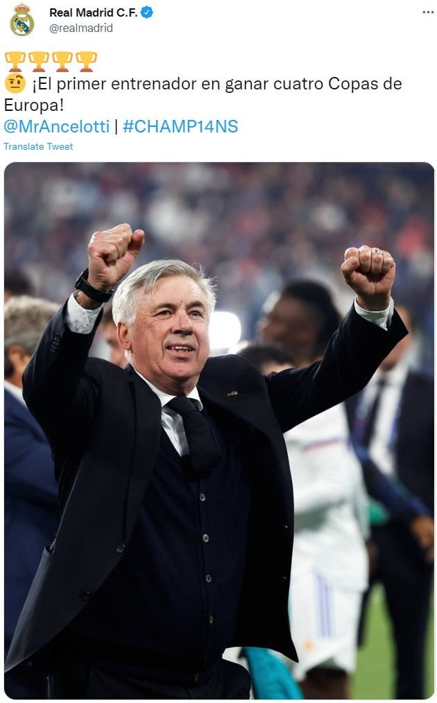 致敬冠军教父皇马官推晒安帅照片首位赢得4座欧冠的教练