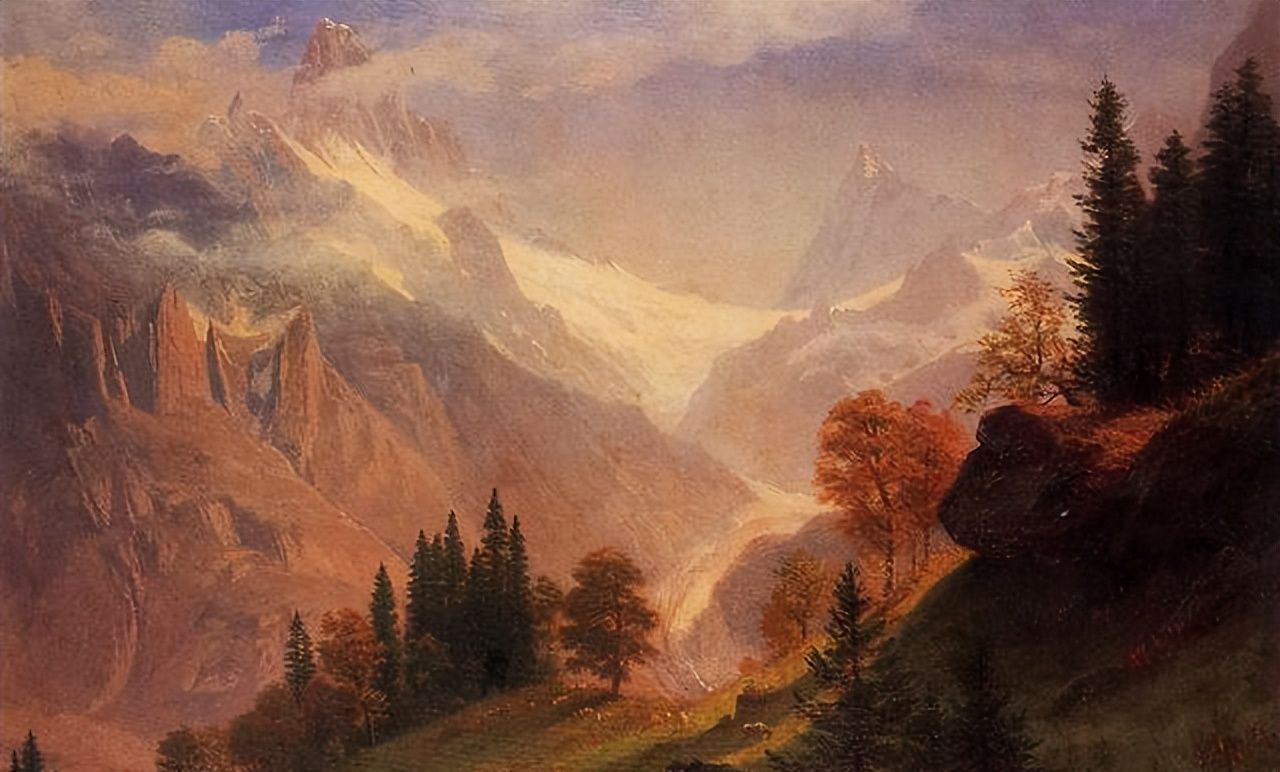 以浪漫的光和色描绘出美国西部大场景的风景油画