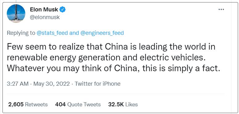 马斯克:中国在可再生能源发电和电动汽车方面领先世界