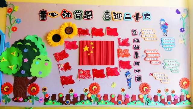 主题墙各班利用图片,视频,绘本故事等方式让幼儿了解红色历史文化.