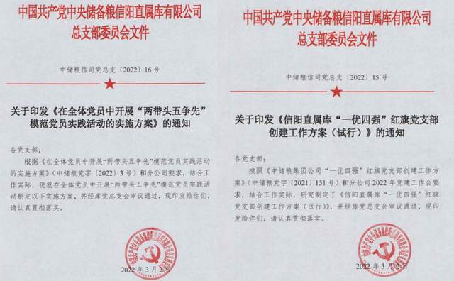 中储粮信阳直属库党总支争创一优四强红旗党支部