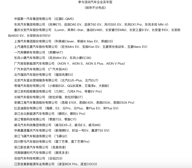 参与2022新能源汽车下乡活动的企业和车型 图片来源：工信部