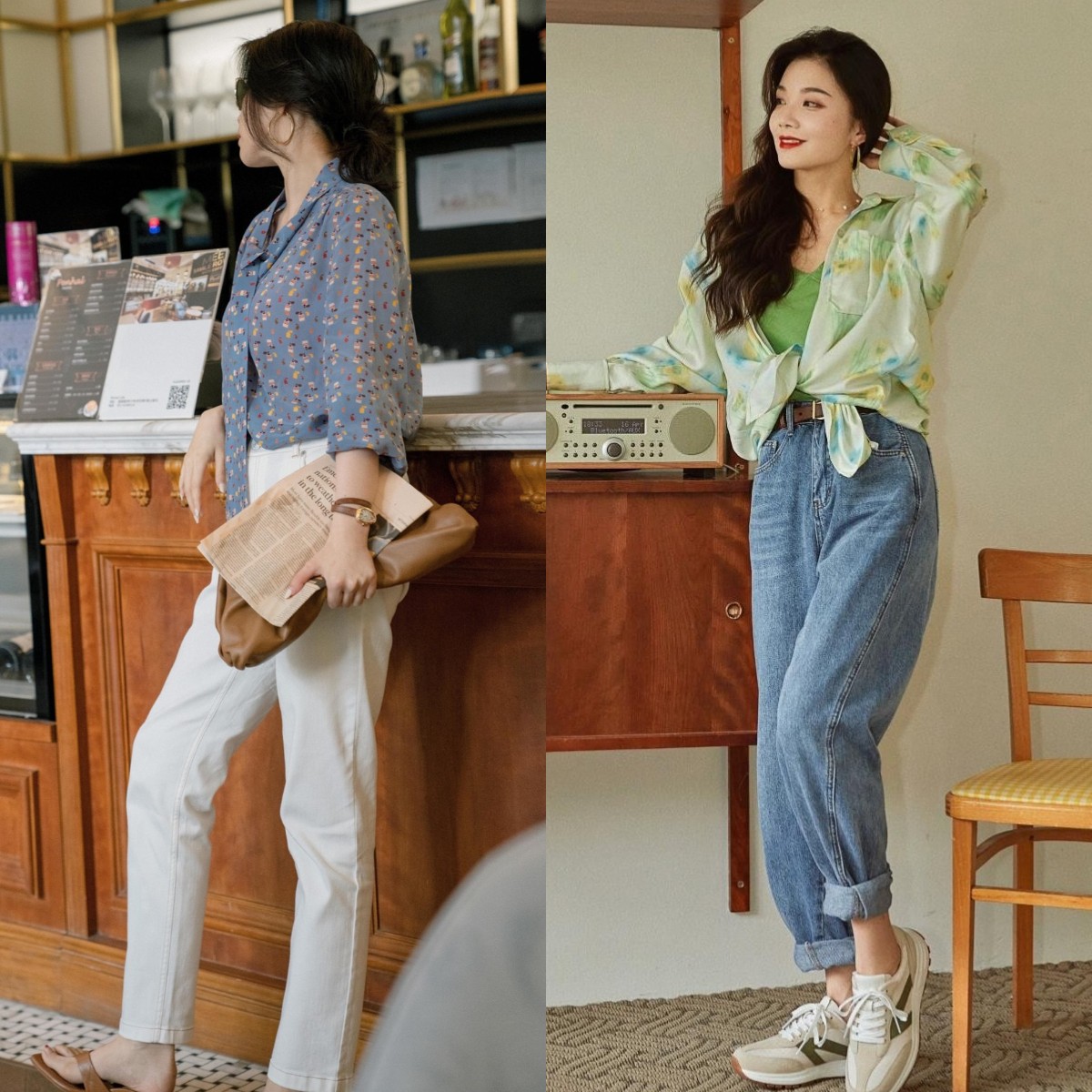 花衬衣和阔腿裤的搭配,也是春季最不能错过的穿法,随意,慵懒又不失