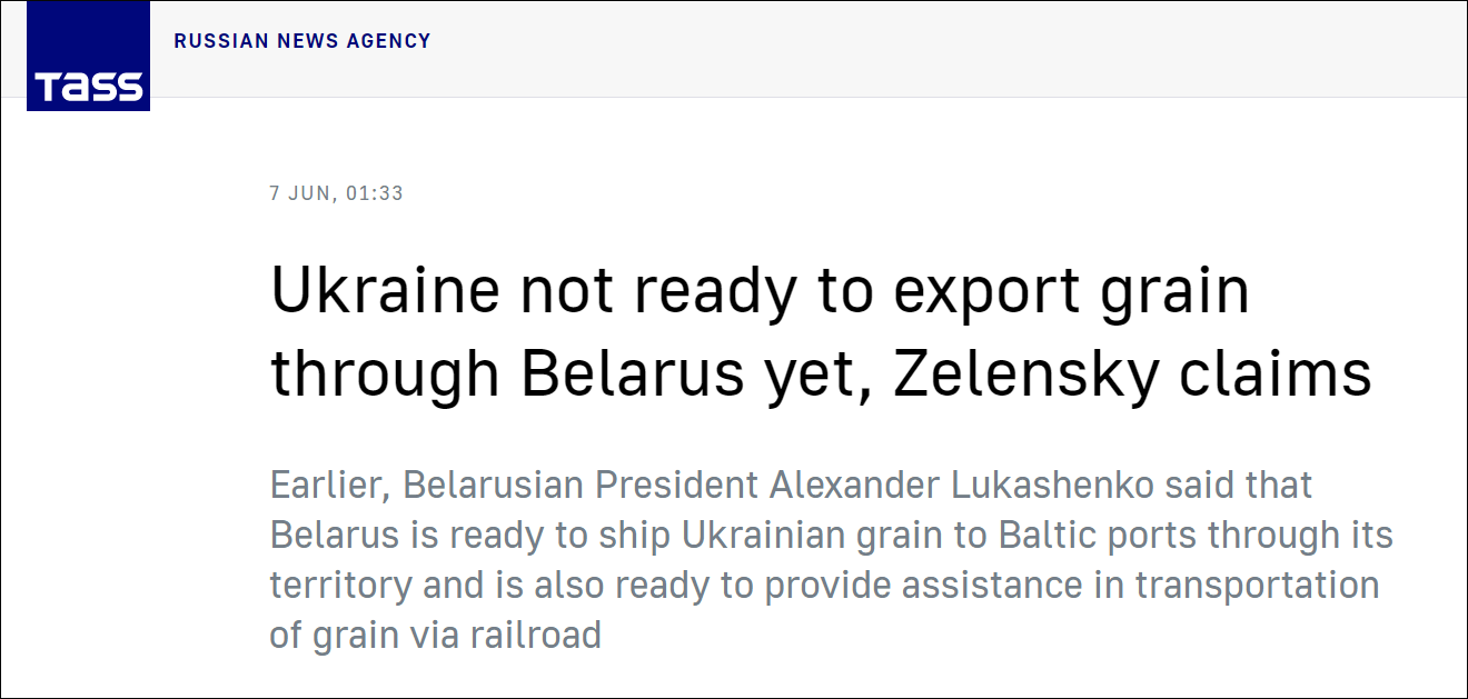 泽连斯基：暂不准备通过白俄罗斯出口粮食