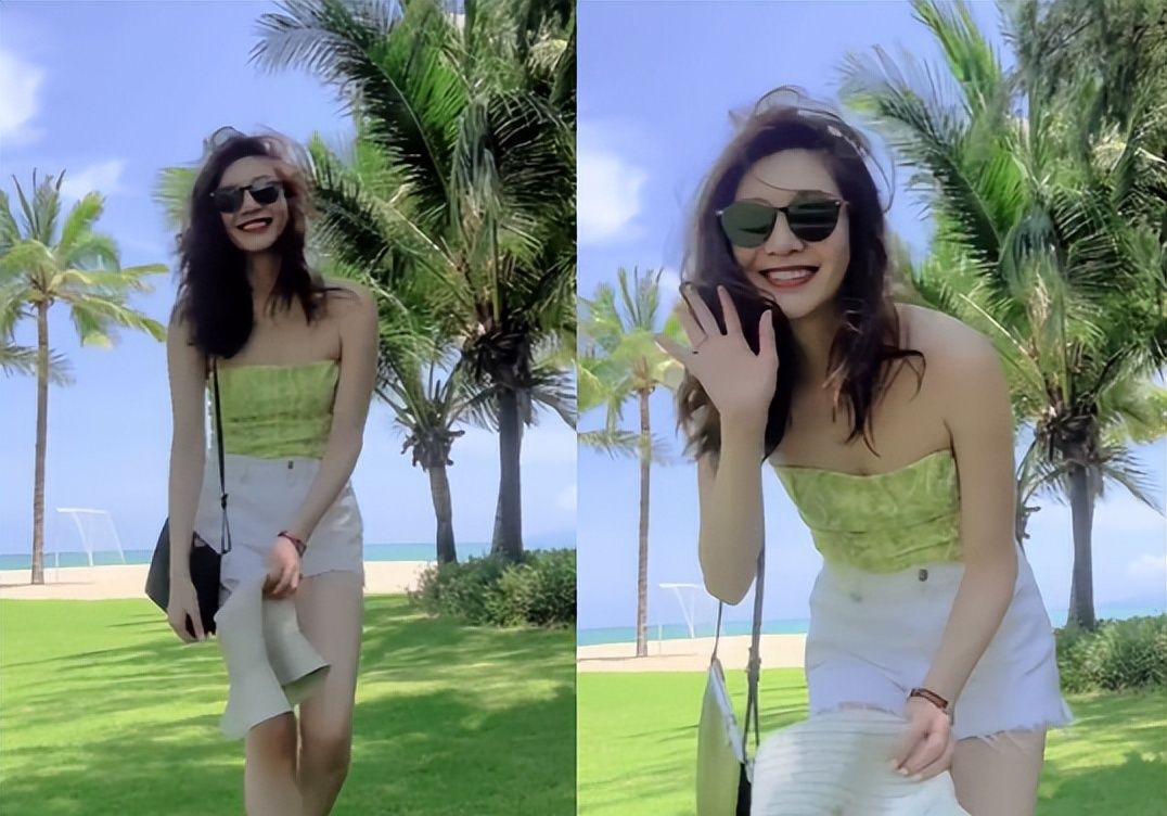 江疏影海边度假穿抹胸超短裤清爽迷人腰细腿长奈何侧身有点平