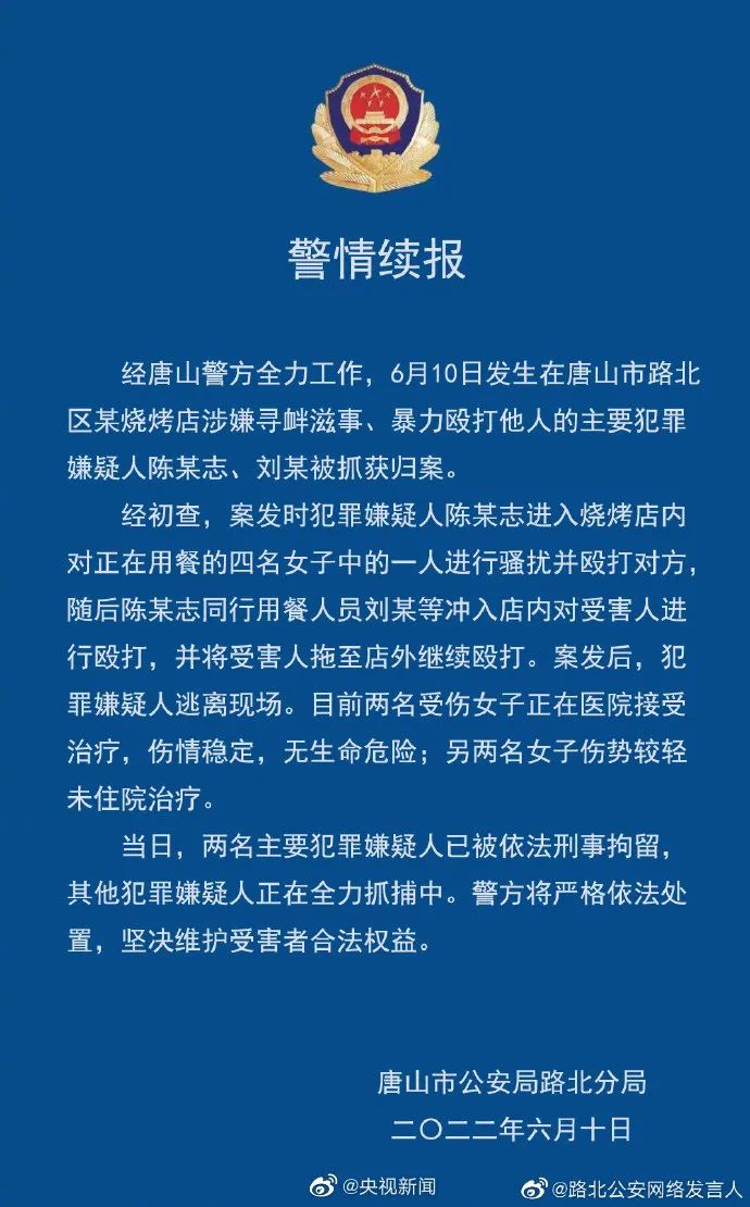 唐山烧烤店打人者，已抓到两人！休闲区蓝鸢梦想 - Www.slyday.coM