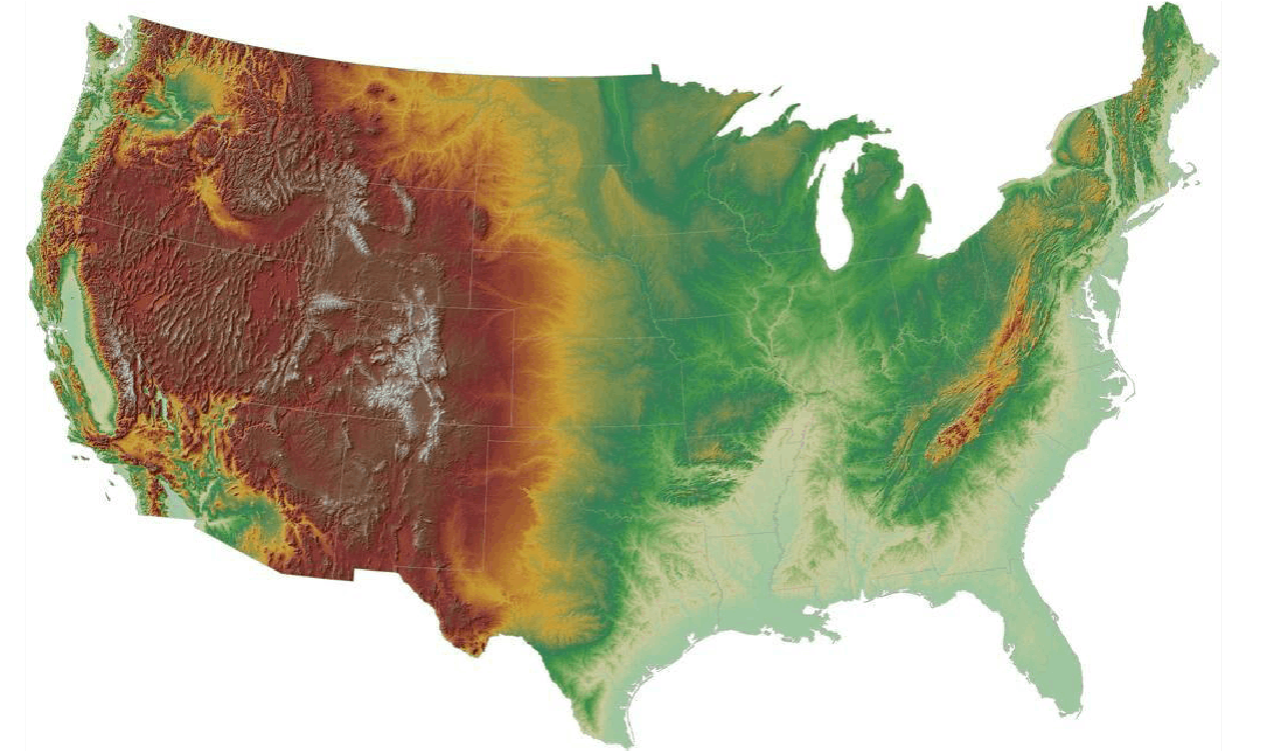 美国本土的地形可以分为东中西三大纵列带,西部为高原,山地地形为主.