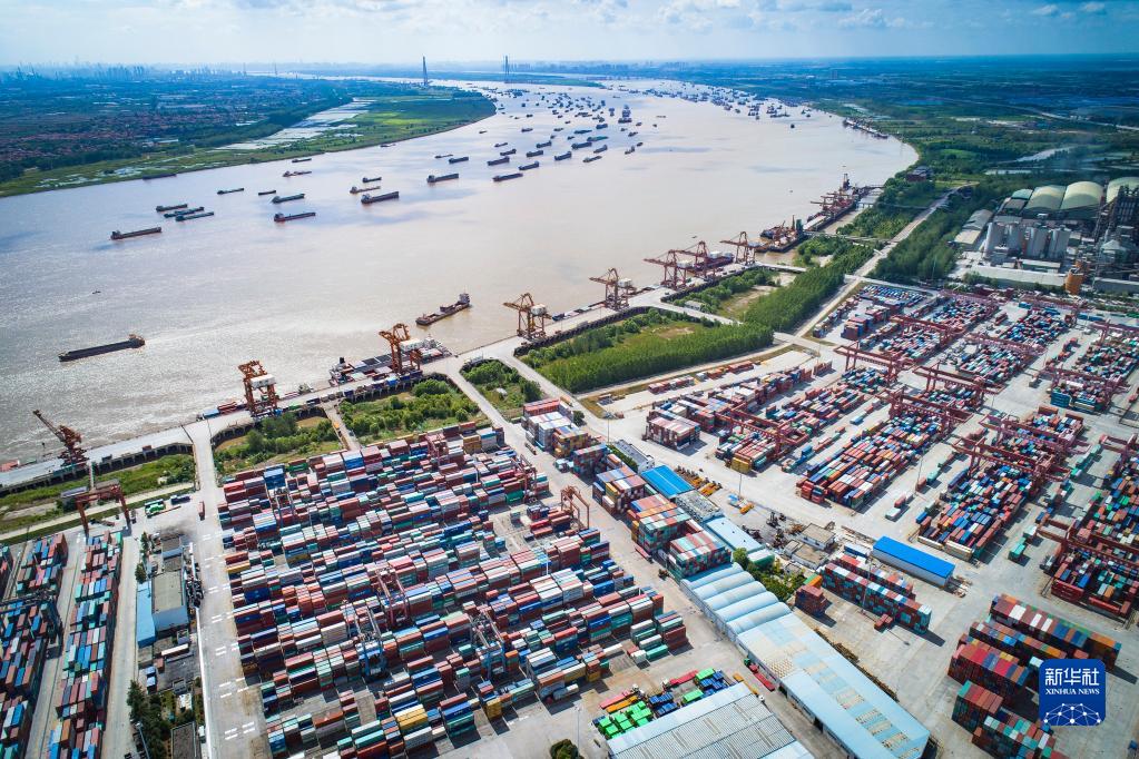 船舶在武汉阳逻港区水域行驶（2018年8月13日摄，无人机照片）。新华社记者 肖艺九 摄