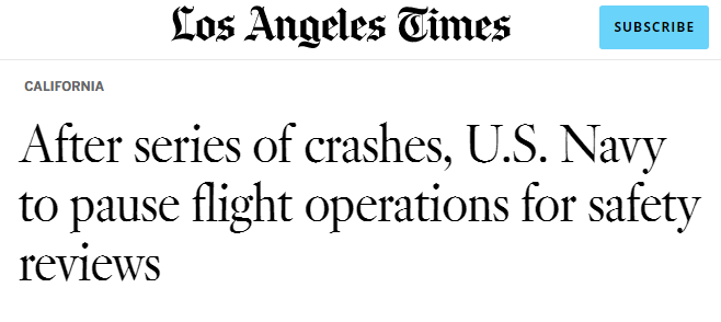 因最近接连发生坠毁事故　美国海军宣布所有战机停飞