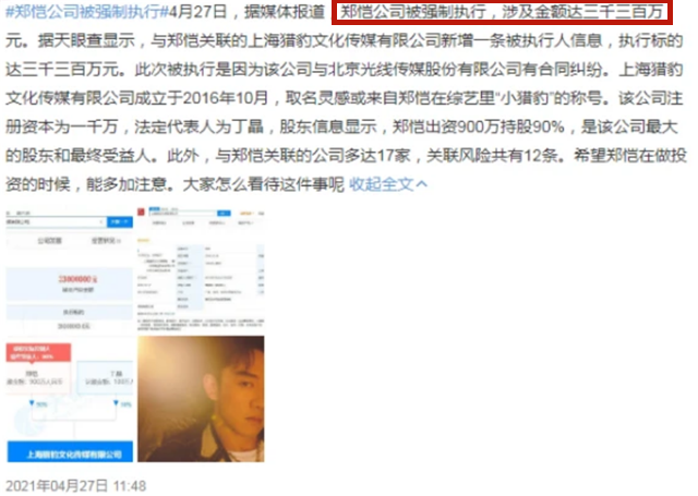 郑恺再次成被执行人，900万股权被冻结，公司曾被强制执行3300万休闲区蓝鸢梦想 - Www.slyday.coM
