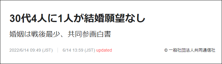 日本官方调查：30多岁未婚人群每4人中有1人无意结婚