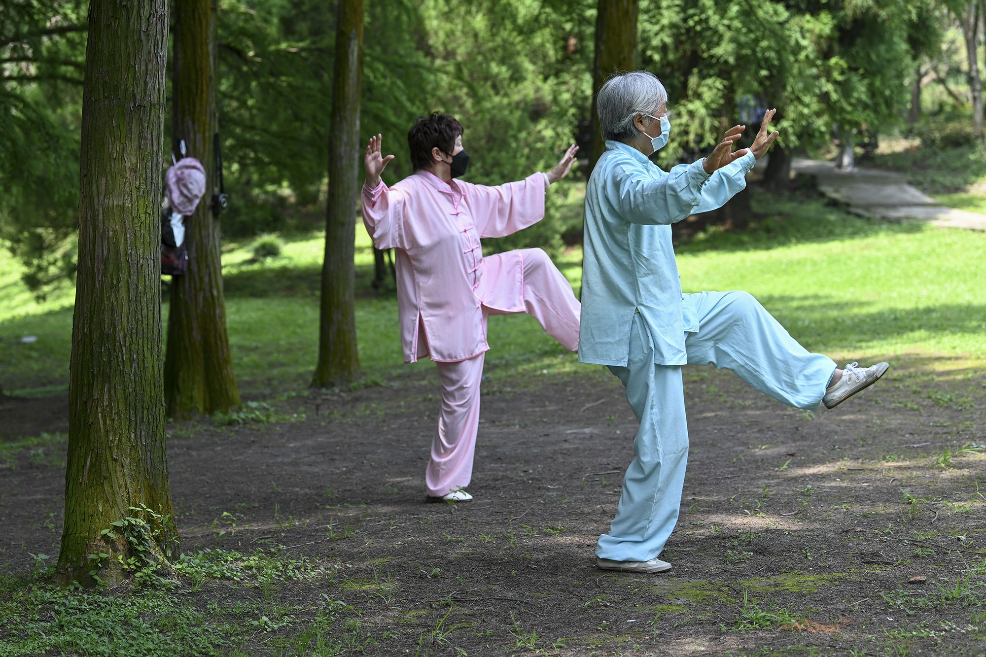 2022年6月16日,上海植物园,两位老人在打太极.