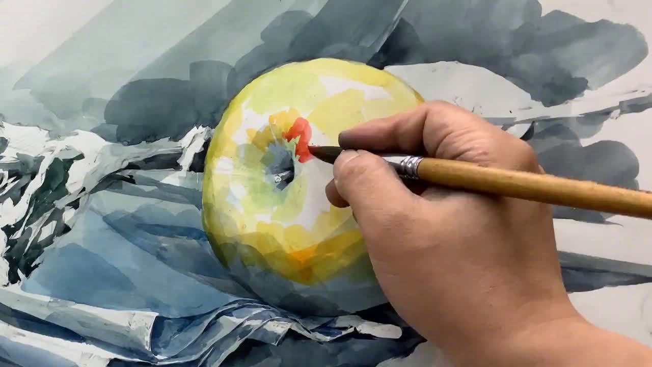 水彩静物苹果的绘制过程,颜色调的很赞!