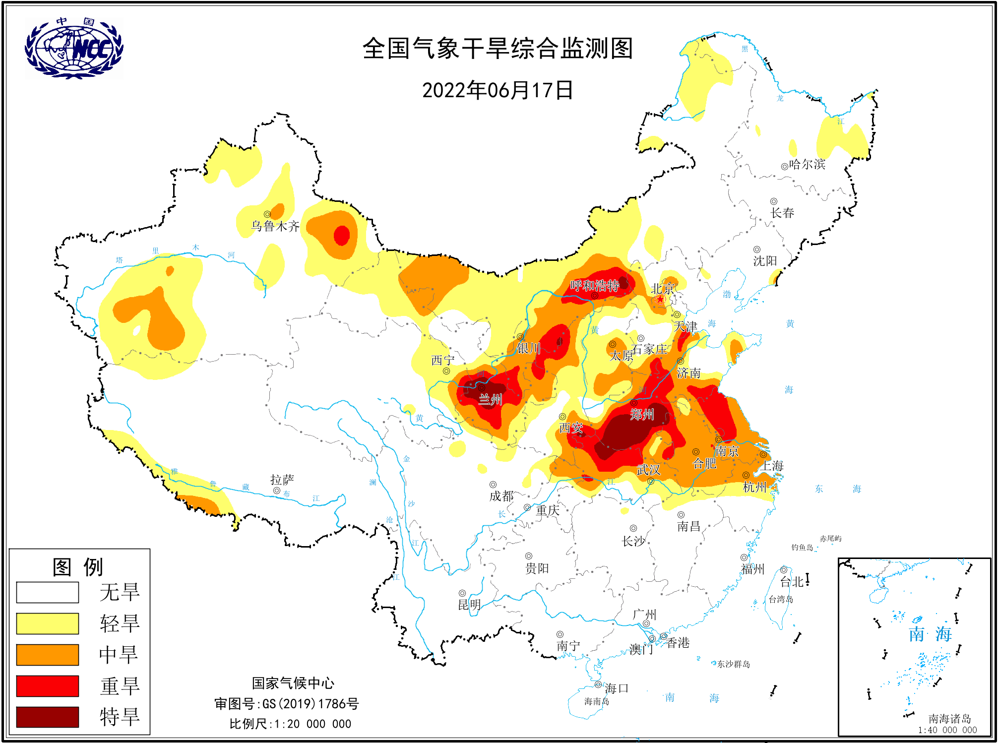 从中国气象局国家气候中心的气象干旱综合监测图上可以看到,6月17日