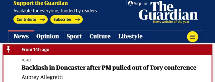 卫报：首相退出保守党会议在唐卡斯特引发强烈不满