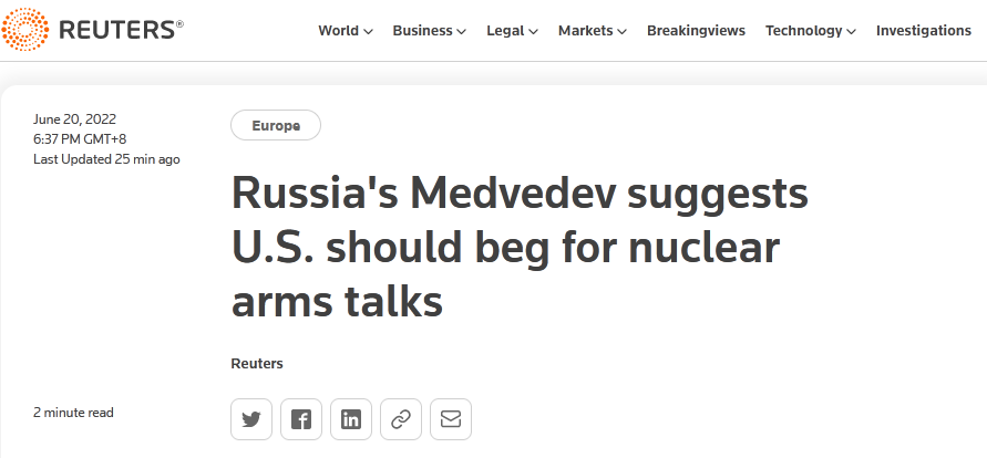 梅德韦杰夫：现在与美谈削减核武器没意义，让他们爬过来请求谈判吧据路透社报道，俄罗斯联邦安全会议副主席梅德韦杰夫20日在社交媒体Telegram上发文说，现在与美国进行任何削减核武器的谈判都没有意义，“