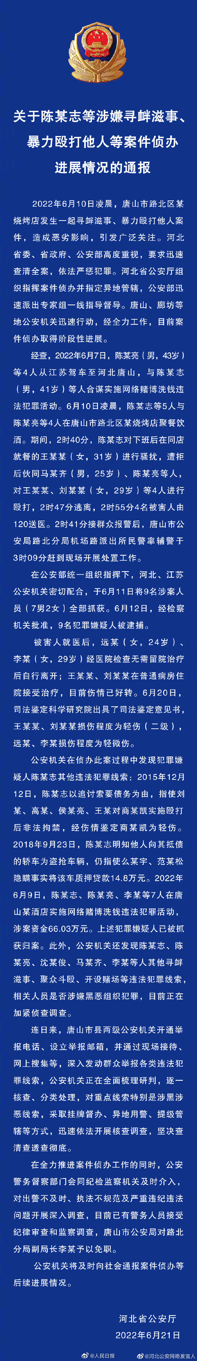 唐山打人事最新通报:民警谎称接警后5分钟赶到,受害者轻伤不轻休闲区蓝鸢梦想 - Www.slyday.coM 唐山打人事最新通报:民警谎称接警后5分钟赶到,受害者轻伤不轻休闲区蓝鸢梦想 - Www.slyday.coM
