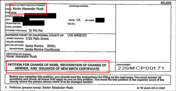 泽维尔·亚历山大·马斯克向法院申请更改姓名、性别及出生证明。图自美国法庭公开文件网站 PlainSite.org