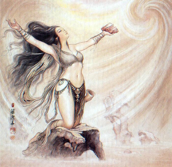 伏羲女娲图中二人手持曲尺和圆规有宇宙理论王权结合之意