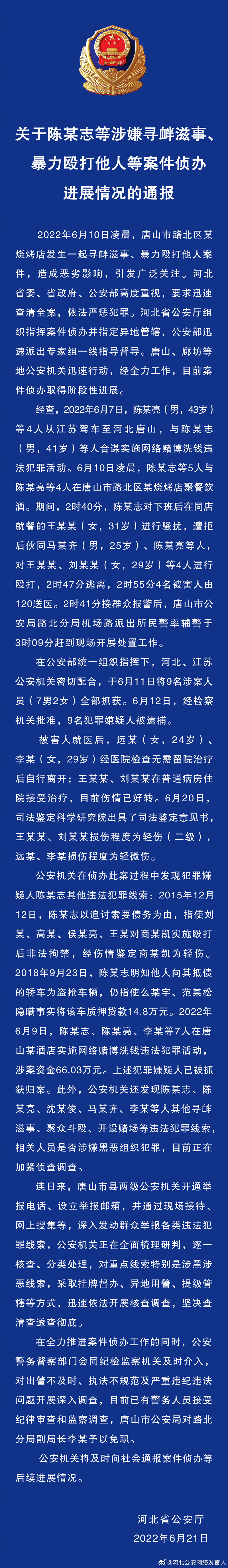 唐山打人案警方出警时间公布 唐山烧烤店打人案后续最新情况!休闲区蓝鸢梦想 - Www.slyday.coM 唐山打人案警方出警时间公布 唐山烧烤店打人案后续最新情况!休闲区蓝鸢梦想 - Www.slyday.coM