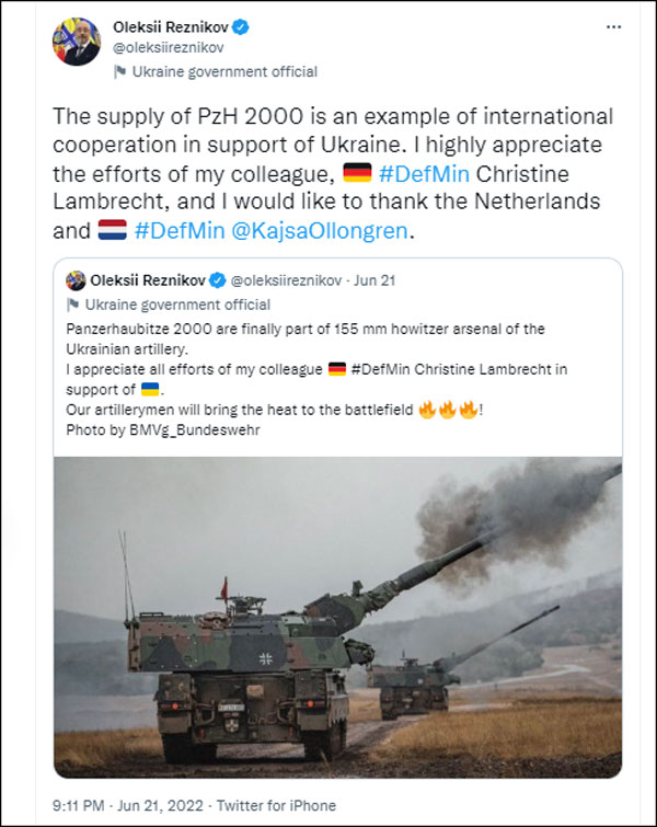 乌国防部长列兹尼科夫推特截图