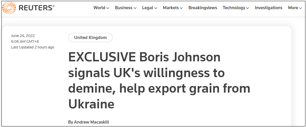 约翰逊：英国愿意帮乌克兰排雷运粮食