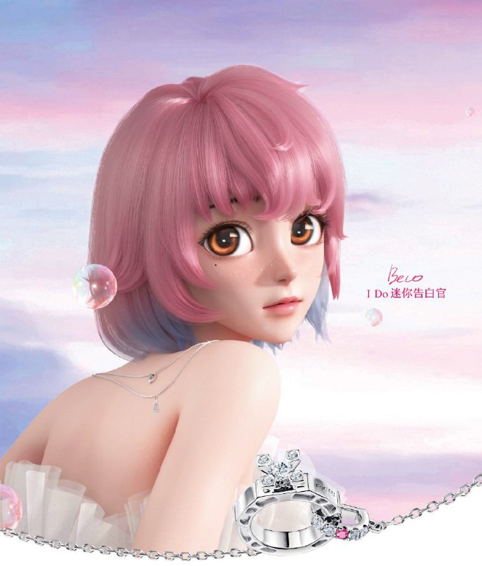 由IDo品牌打造的虚拟偶像Beco佩戴珠宝出现在品牌宣传中。